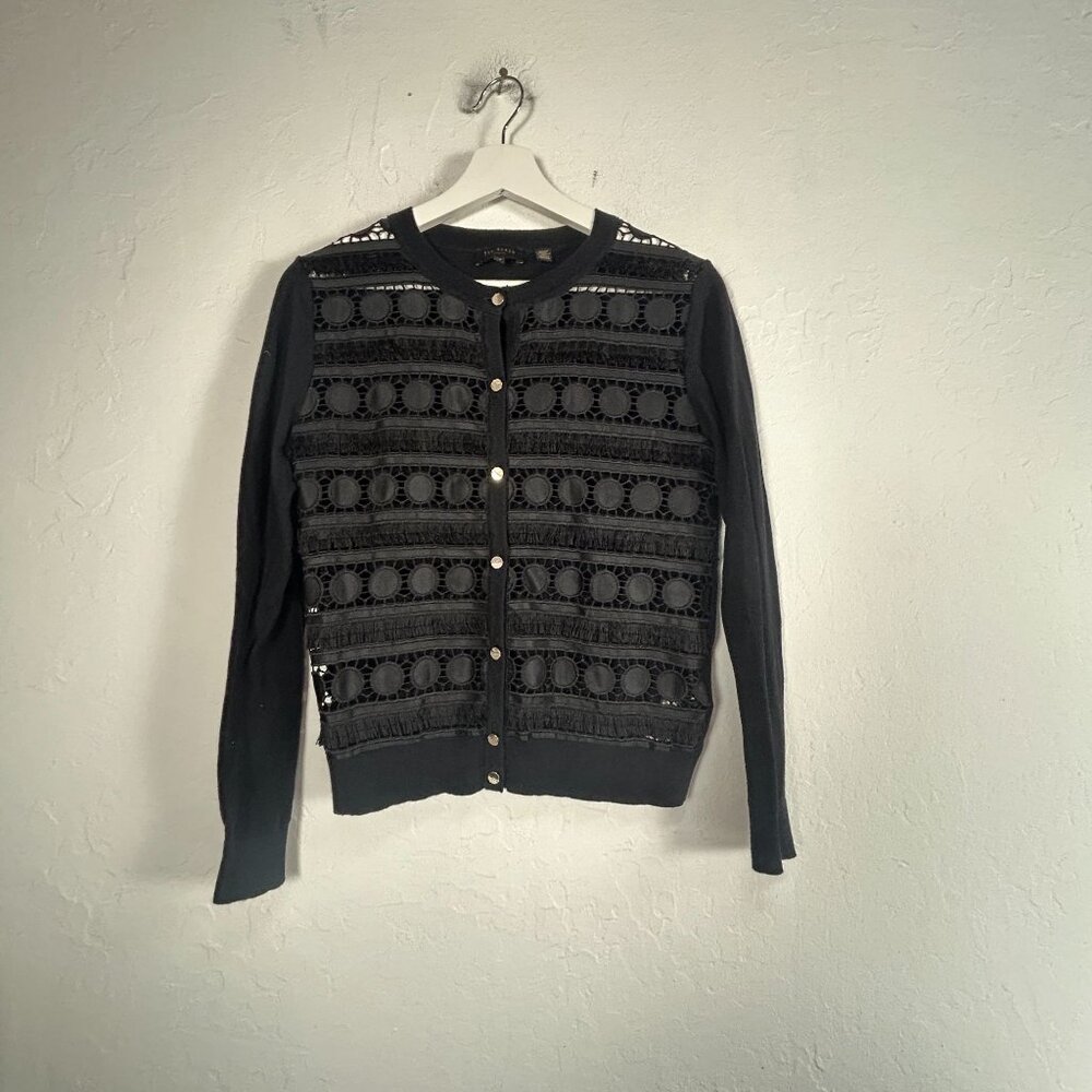 Ted Baker Womens Black Eyelet Cardigan Sweater Size 2 Button Front Lightweight